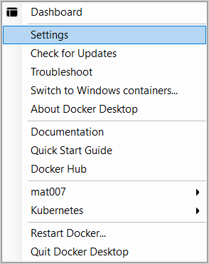 Docker Desktop popup menu